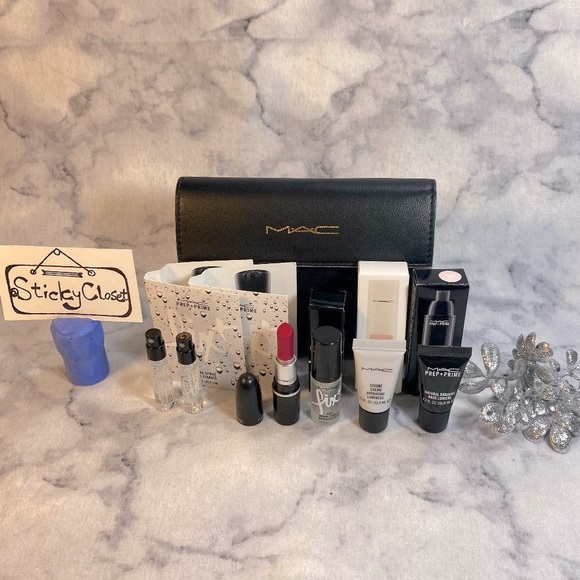 MAC Beauty Gift Set-Black PouchLipstickPrimerHydration& Setting Spray-7pc-NEW